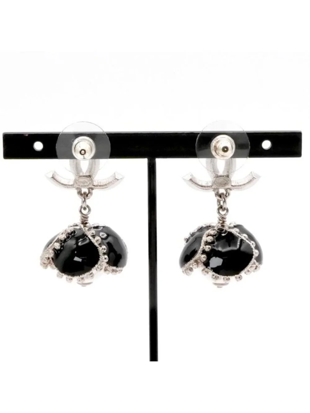 Chanel Earrings Silver Black Coco Mark Rhinestone Flower
